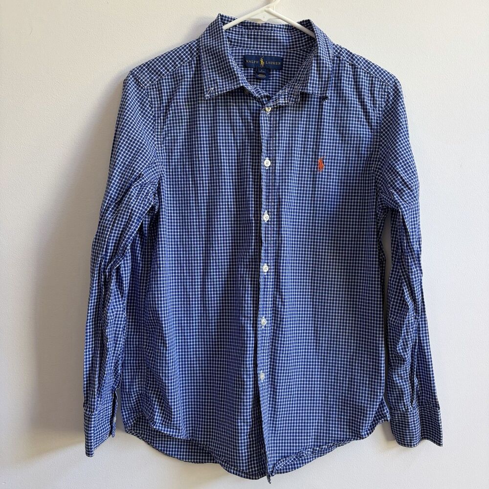 Ralph Lauren Blue Gingham Womens Small* Button Down Cotton Orange Pony Oxford - Picture 3 of 11